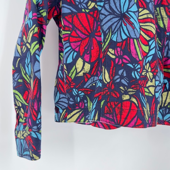 🌺 Multi-Color Floral Tropical Print Denim Jacket Resort Wear Vacation Chic Sz 12 - Picture 15 of 15